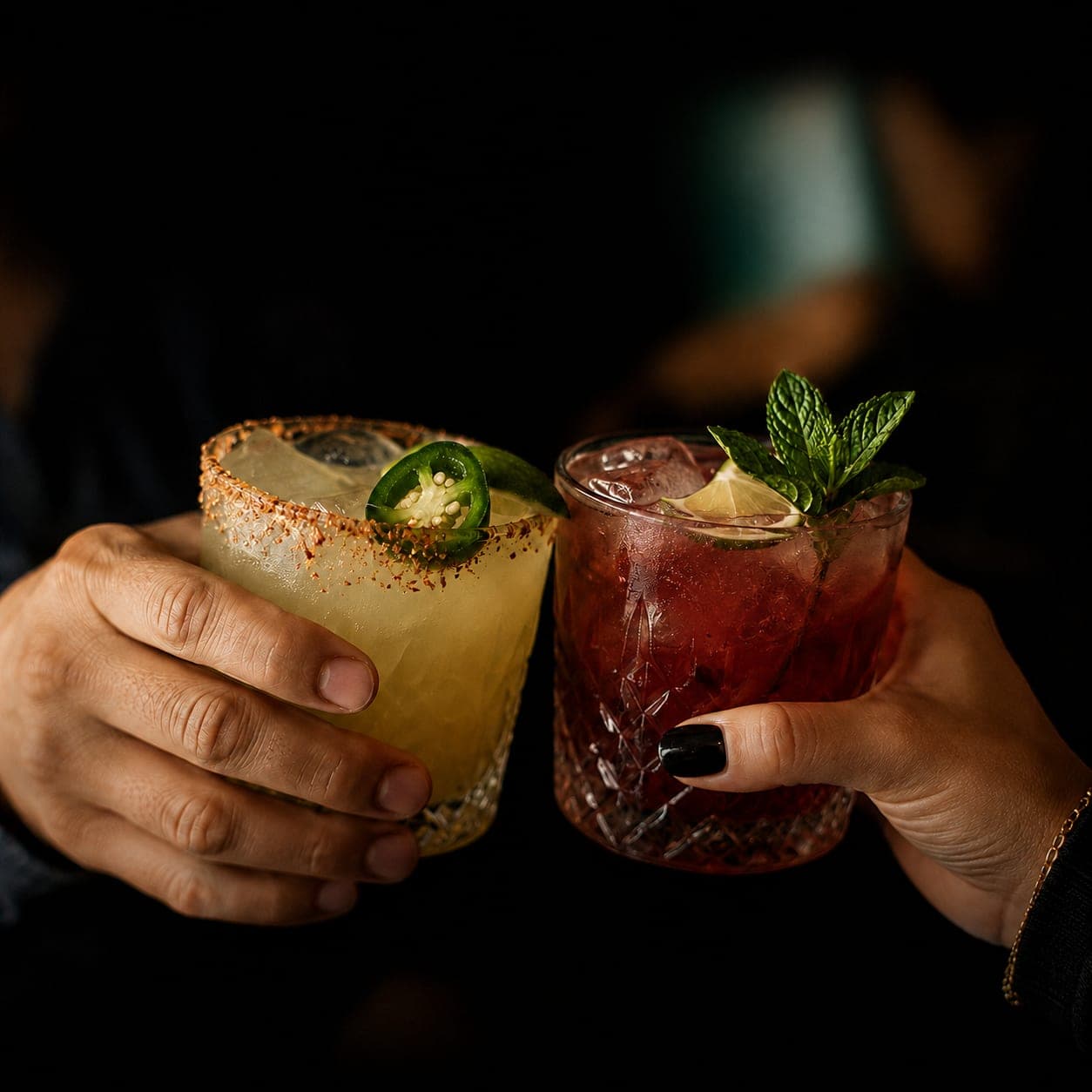 Two craft cocktails toasting — a jalapeño-rimmed blanco serve and a berry mezcal serve with mint